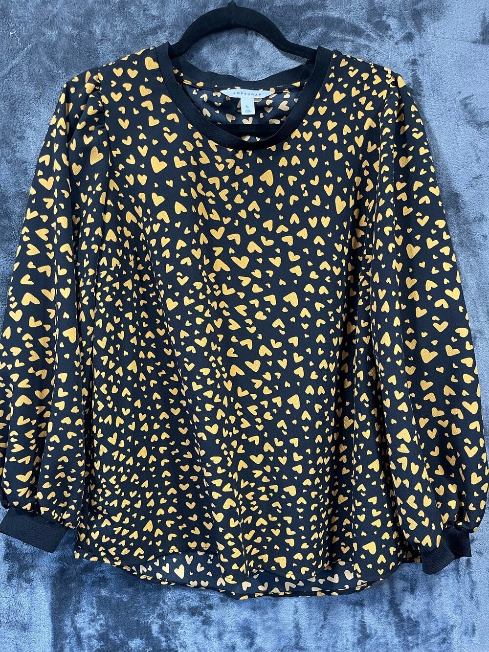 POPSUGAR Womens L Black Yellow Micro Heart Print Long Sleeve Lightweight Blouse